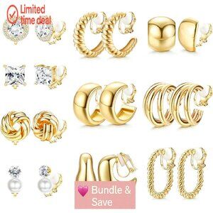 10 Pair Clip On Earring Set CZ Pearl Knot Twist Hoop Studs 14K Gold Plated